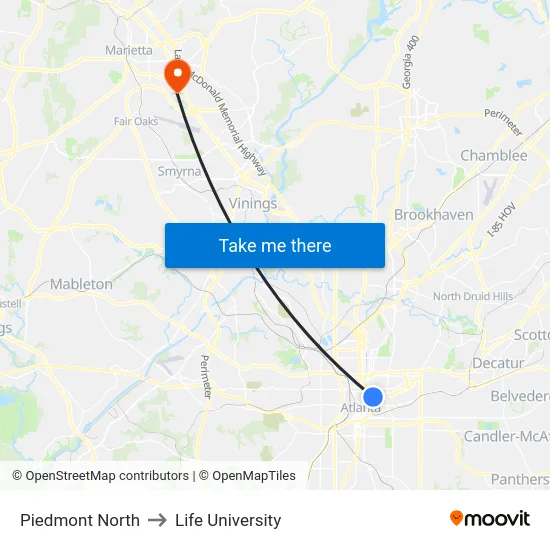 Piedmont North to Life University map