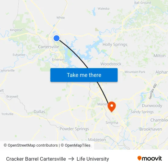 Cracker Barrel Cartersville to Life University map