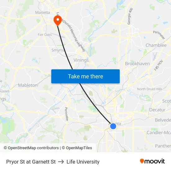Pryor St at Garnett St to Life University map