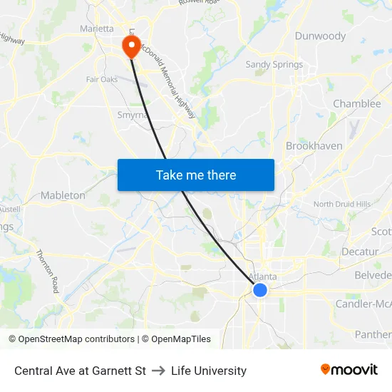 Central Ave at Garnett St to Life University map