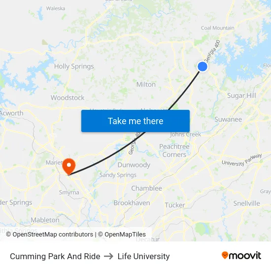 Cumming Park And Ride to Life University map