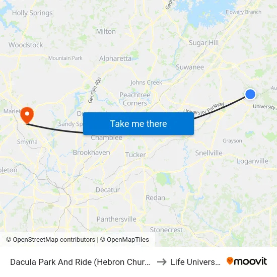 Dacula Park And Ride (Hebron Church) to Life University map