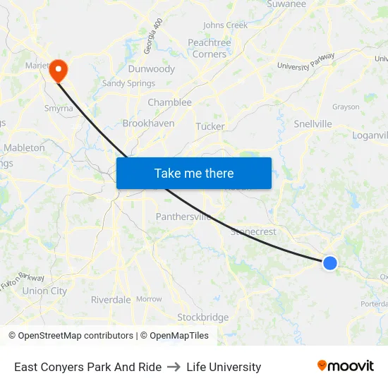 East Conyers Park And Ride to Life University map