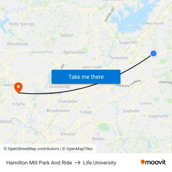 Hamilton Mill Park And Ride to Life University map