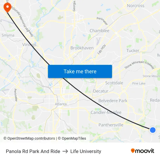 Panola Rd Park And Ride to Life University map