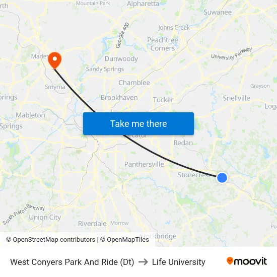West Conyers Park And Ride (Dt) to Life University map