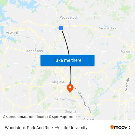 Woodstock Park And Ride to Life University map