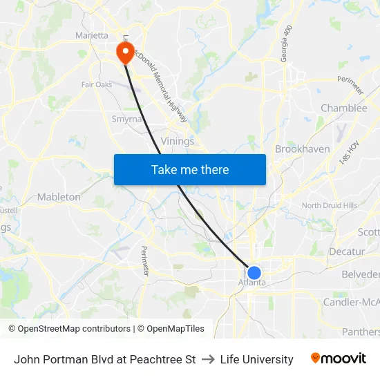 John Portman Blvd at Peachtree St to Life University map