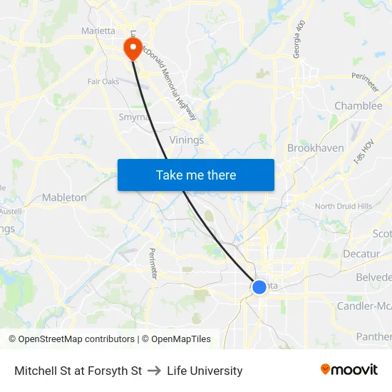 Mitchell St at Forsyth St to Life University map