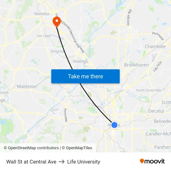 Wall St at Central Ave to Life University map
