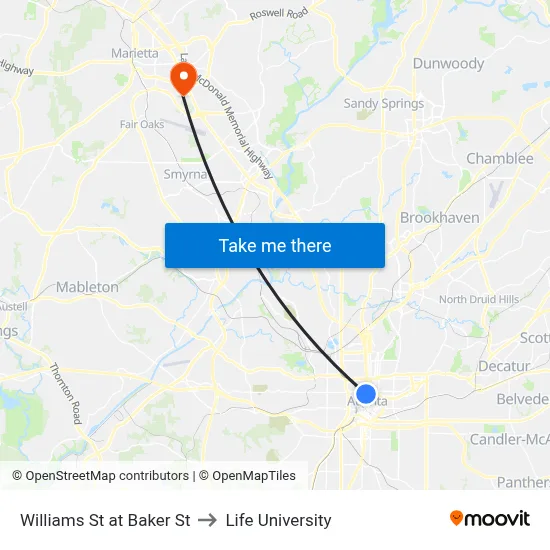 Williams St at Baker St to Life University map