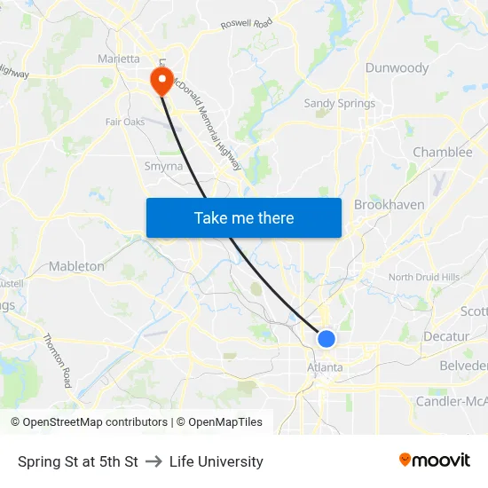 Spring St at 5th St to Life University map