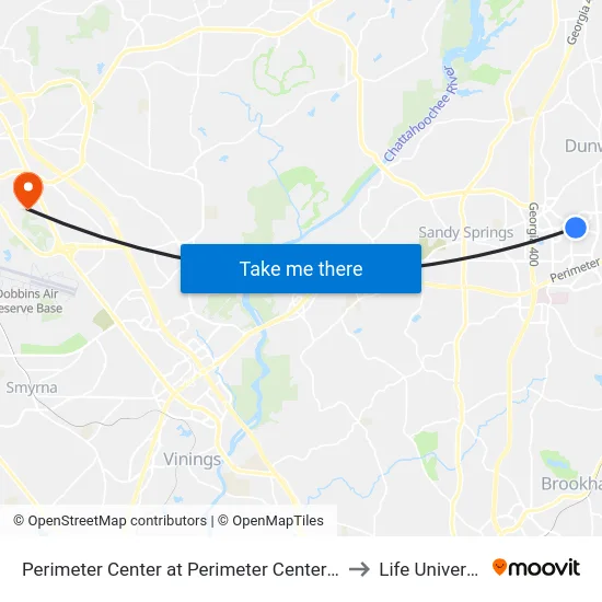 Perimeter Center at Perimeter Center Pkwy to Life University map