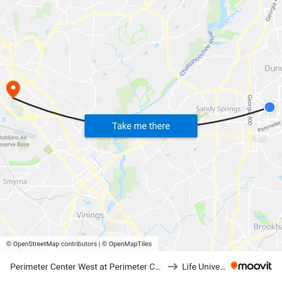 Perimeter Center West at Perimeter Center Pkwy to Life University map