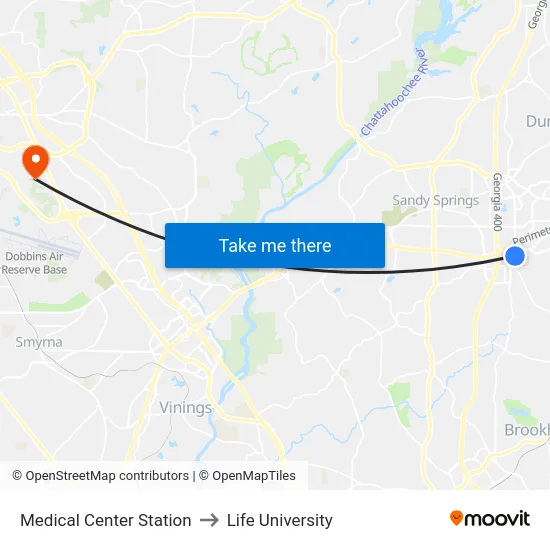 Medical Center Station to Life University map