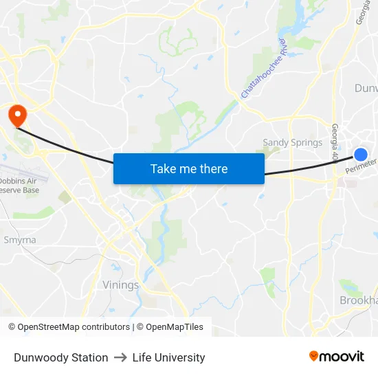 Dunwoody Station to Life University map