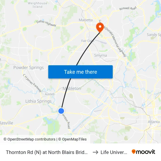 Thornton Rd (N) at North Blairs Bridge Rd to Life University map