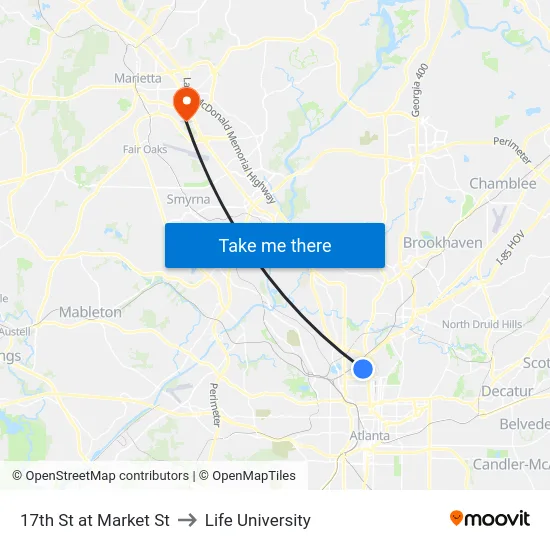17th St at Market St to Life University map