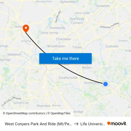 West Conyers Park And Ride (Mt/Peri) to Life University map