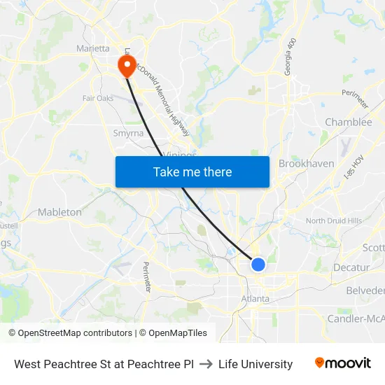 West Peachtree St at Peachtree Pl to Life University map