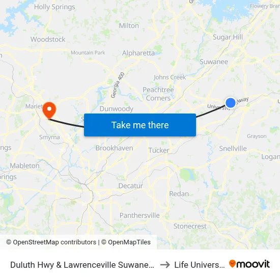 Duluth Hwy & Lawrenceville Suwanee Rd to Life University map