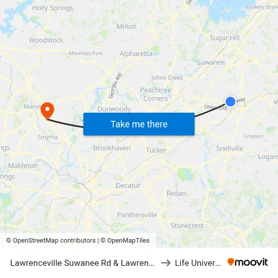 Lawrenceville Suwanee Rd & Lawrenceville to Life University map
