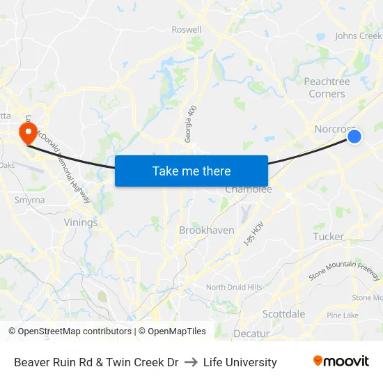 Beaver Ruin Rd & Twin Creek Dr to Life University map