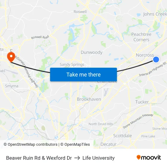 Beaver Ruin Rd & Wexford Dr to Life University map