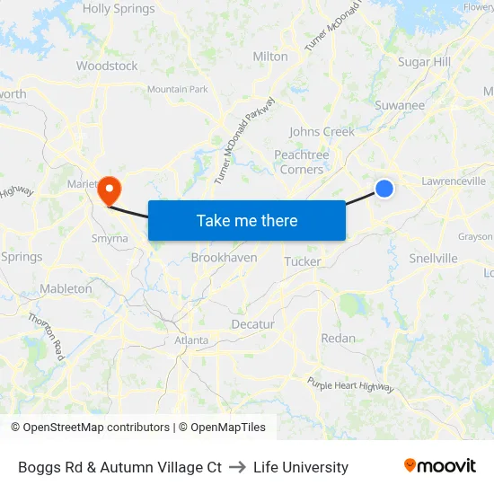 Boggs Rd & Autumn Village Ct to Life University map