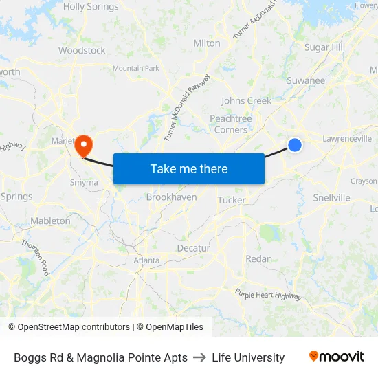 Boggs Rd & Magnolia Pointe Apts to Life University map