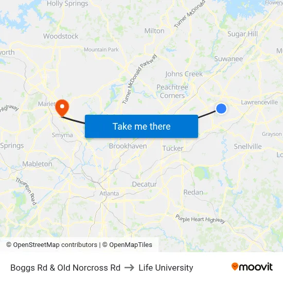 Boggs Rd & Old Norcross Rd to Life University map
