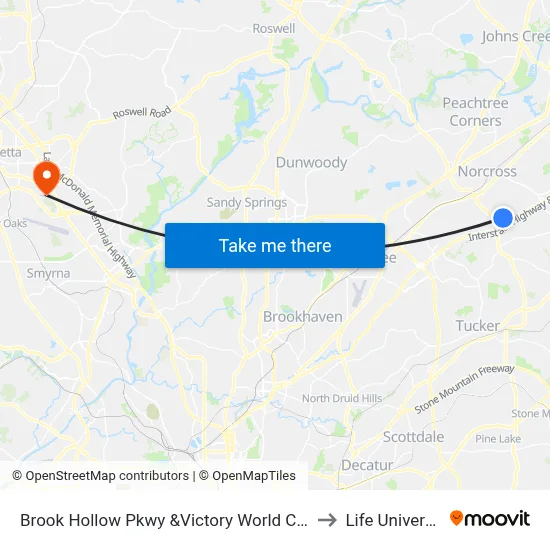 Brook Hollow Pkwy &Victory World Church to Life University map