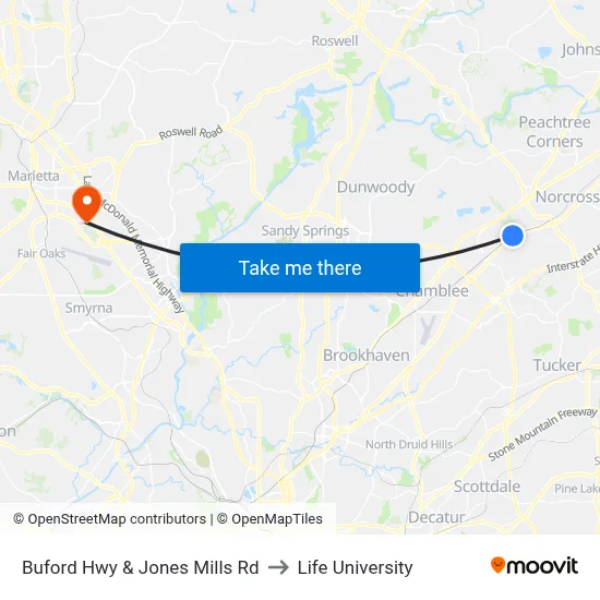 Buford Hwy & Jones Mills Rd to Life University map