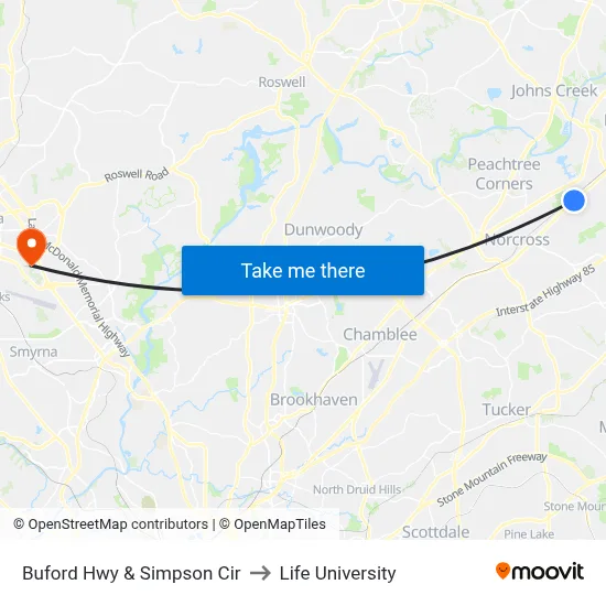 Buford Hwy & Simpson Cir to Life University map