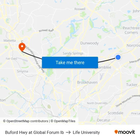 Buford Hwy at Global Forum Ib to Life University map