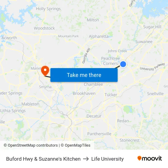 Buford Hwy & Suzanne's Kitchen to Life University map