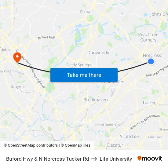 Buford Hwy & N Norcross Tucker Rd to Life University map