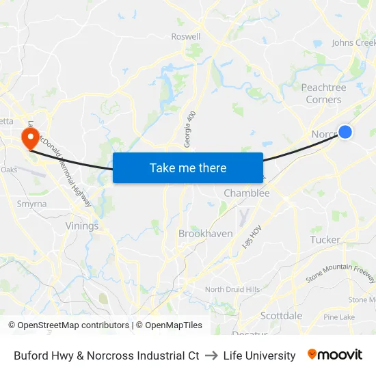 Buford Hwy & Norcross Industrial Ct to Life University map