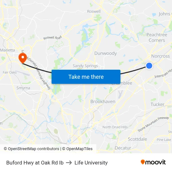Buford Hwy at Oak Rd Ib to Life University map