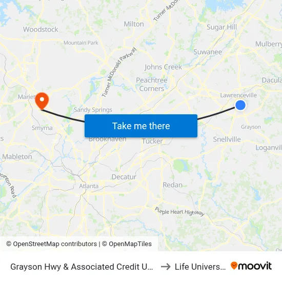 Grayson Hwy & Associated Credit Union to Life University map