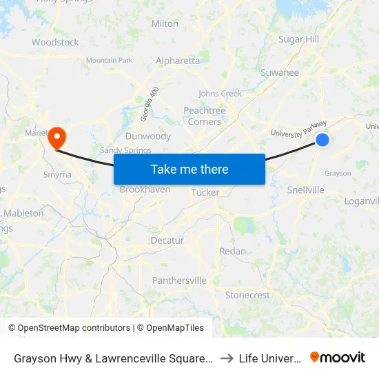 Grayson Hwy & Lawrenceville Square Plaza to Life University map