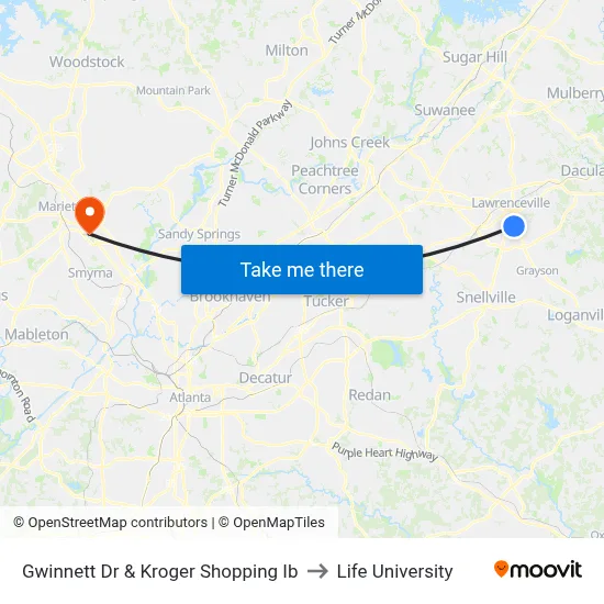 Gwinnett Dr & Kroger Shopping Ib to Life University map