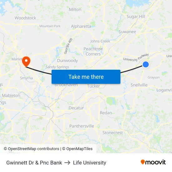 Gwinnett Dr & Pnc Bank to Life University map