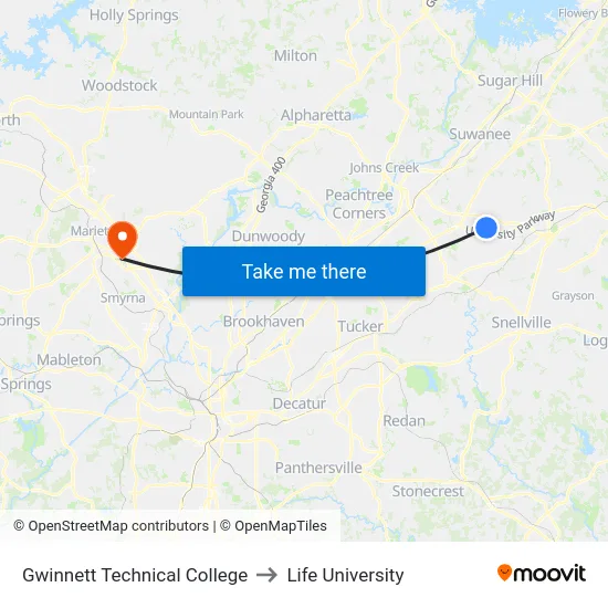 Gwinnett Technical College to Life University map