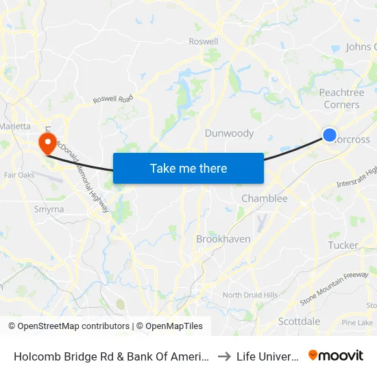 Holcomb Bridge Rd & Bank Of America Ob to Life University map