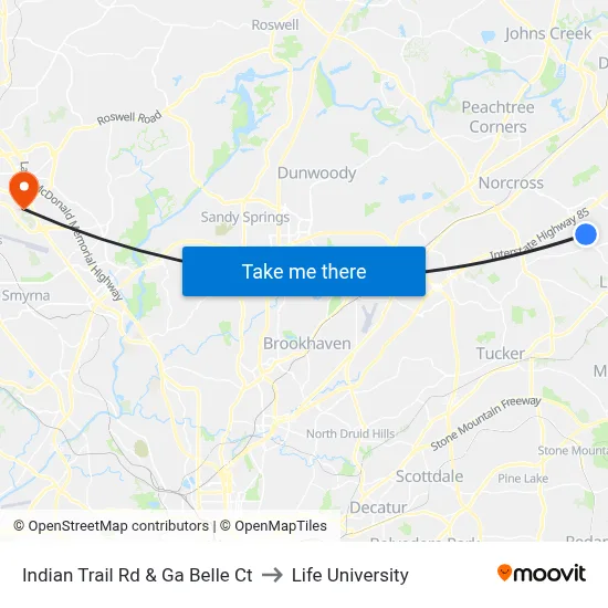 Indian Trail Rd & Ga Belle Ct to Life University map