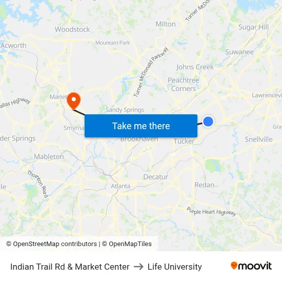 Indian Trail Rd & Market Center to Life University map