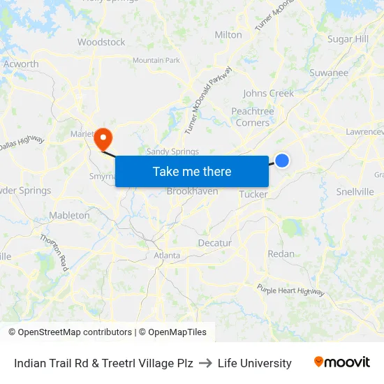 Indian Trail Rd & Treetrl Village Plz to Life University map