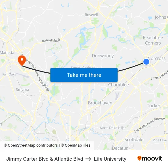 Jimmy Carter Blvd & Atlantic Blvd to Life University map