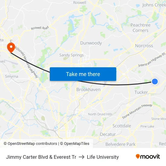 Jimmy Carter Blvd & Everest Tr to Life University map